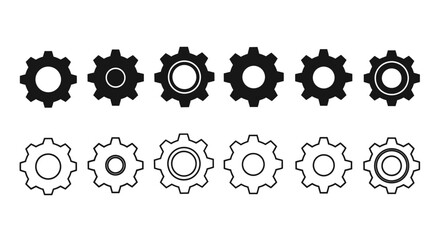 A collection of black and white gear icons in a linear arrangement