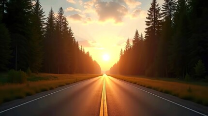 Fototapeta premium Golden Sunset Road Through Pine Forest