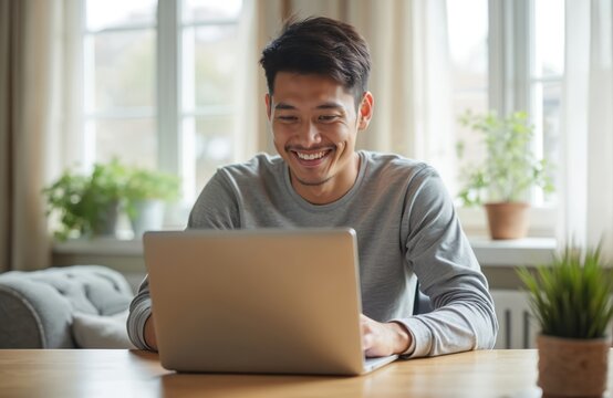 Smiling asian man works on laptop at home office. Young entrepreneur uses computer for remote job. Person types on keyboard, looks happy, has positive online meeting. - Powered by Adobe