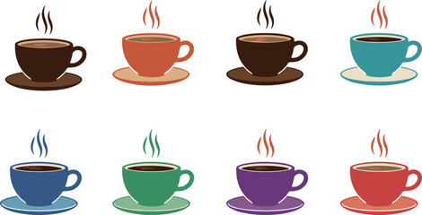 Colorful coffee cup collection, steaming hot beverage mugs, modern flat vector illustration, cafe design, breakfast drink art, CAD drawing style