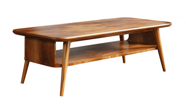 Stylish mid century wooden coffee table living room interior decor element cozy environment aesthetic viewpoint