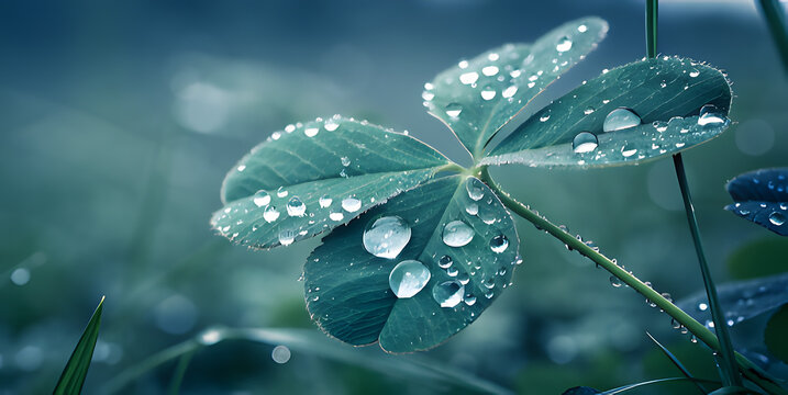A macro shot of a fourleaf clover with a water droplet on its leaf, reflecting the surrounding greenery in the soft morning light, symbolizing luck and freshness in nature
