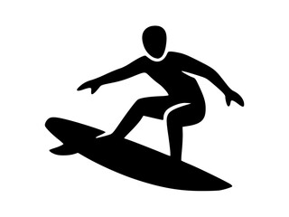 Surfer Silhouette Icon. Minimal black silhouette of a surfer riding a surfboard, symbolizing surfing, ocean adventure, beach lifestyle and water sports; ideal as an icon, logo, or graphic element.
