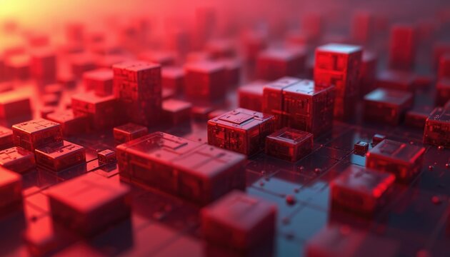 Abstract red cubes arrangement suggests network grid. Futuristic data blocks form complex digital architecture. Geometric shapes create tech background with depth and focus.
