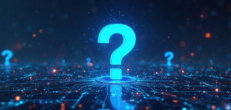 Glowing question marks on digital background. Blue neon question mark on microcircuit. The concept of search for truth, solution of problems, big data, AI, machine learning, ask question.