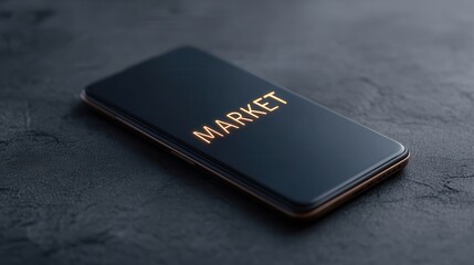 Mobile Device Displaying the Word Market on a Dark Textured Surface in a Contemporary Style