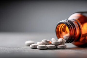 Pills Spilling From a Brown Glass Bottle on a Gray Surface in Soft Lighting