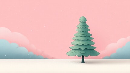 Stylized Green Tree Standing Alone Against a Soft Pink Background With Fluffy Clouds