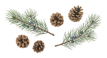 Pine cone and evergreen branches isolated on transparent background