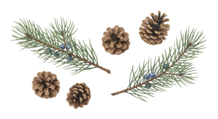 Pine cone and evergreen branches isolated on transparent background