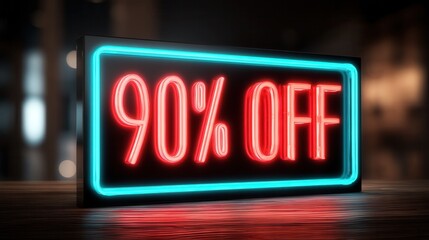 Vibrant Neon Sign Advertising 90% off in a Dimly Lit Retail Store During Evening Hours
