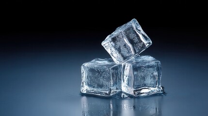 Clear Ice Cubes Stacked on a Reflective Surface in a Dark Environment With Soft Lighting