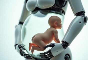 A pregnant robot with a human baby. Concepts of artificial insemination, infertility treatment, and artificial gestation