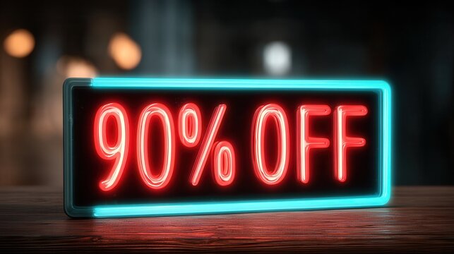 Bright Neon Sign Advertising 90 Percent off Sale in a Dimly Lit Store at Night