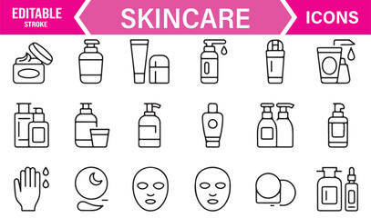 Fototapeta premium Beauty and Skincare Outline Icons – Thin Line Vector Set for Lotion, Serum, and Face Mask Concepts