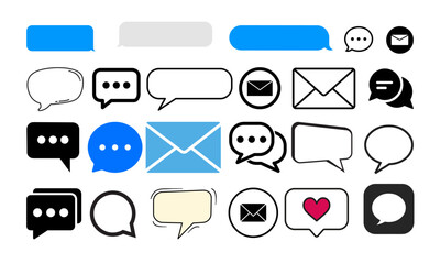 Modern Chat Bubble Icons Collection in Blue, Black, and Minimal Styles with Speech Balloons, Message Boxes, Dialogue Symbols, Conversation UI Elements, Comment Icons, Messaging Graphics for Apps 