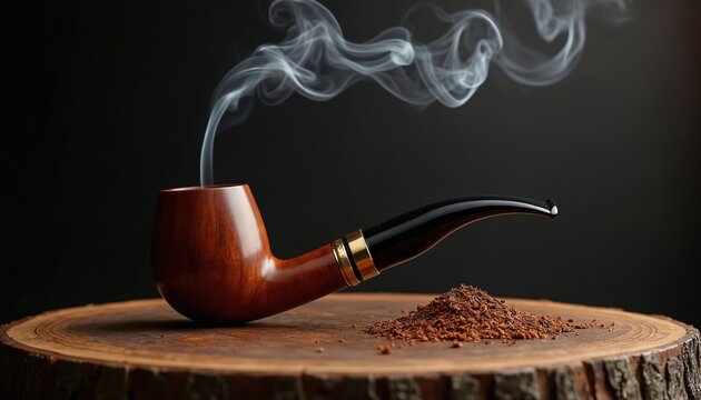 A polished wooden pipe rests on a tree stump with loose tobacco. White smoke curls upwards from the bowl, creating an atmospheric scene. Classic object symbolizing leisure and old habits.