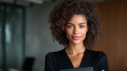 Confident Young Woman Stands in Modern Office Holding Tablet While Smiling at the Camera