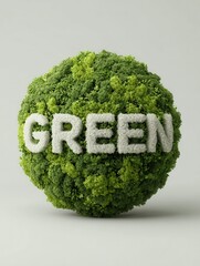 Green Globe Made of Lush Foliage With the Word Green Prominently Featured in White Letters