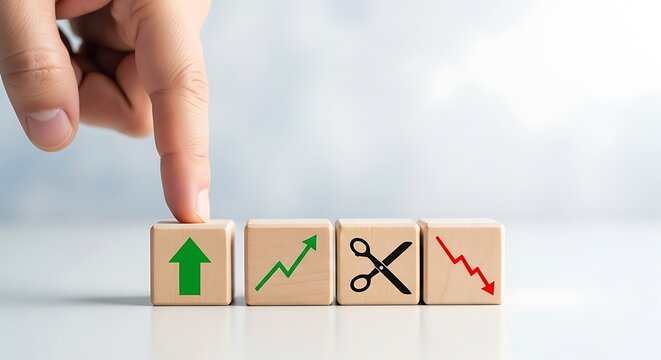 Finger pressing a wooden block with an upward arrow, symbolizing growth and positive financial trends, with other blocks showing graphs and scissors