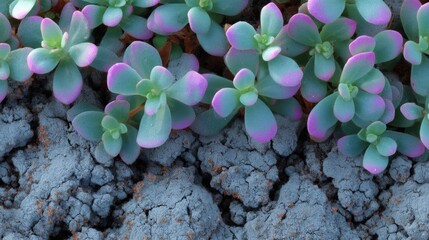 Close-up of a group of small succulent plants growing in a bed of soil. the plants have small, oval-shaped leaves with a pinkish-purple hue.