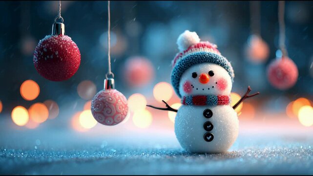 snowman in the snow with christmas ornaments, copy space, banner background