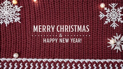 Festive merry christmas and happy new year text on a cozy knitted burgundy background with snowflakes and warm lights
