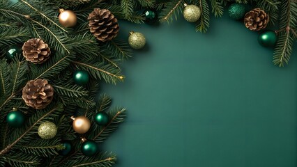 Festive christmas garland with pine cones and green baubles on a dark teal background with copy space