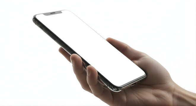 Hand holding a modern smartphone with a blank white screen isolated on white background - Powered by Adobe