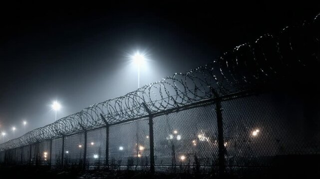 Barbed wire fencing illuminated at night in a foggy environment  