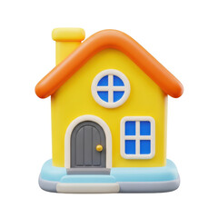 Charming cartoon yellow house with orange roof and blue windows isolated on transparent background