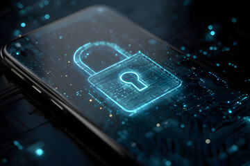 Padlock hologram on smartphone screen protecting business and financial data with innovation technology, Cyber ​​security and data protection concept, Generative AI