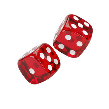 Two translucent red dice showing the number six and five isolated on transparent background