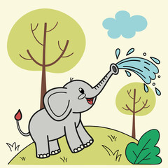 A cheerful elephant sprays water from its trunk in a playful cartoon scene