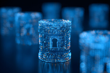 Cyber security, data protection, cyberattacks concept on blue background. Database security software development. Online security concept. AI