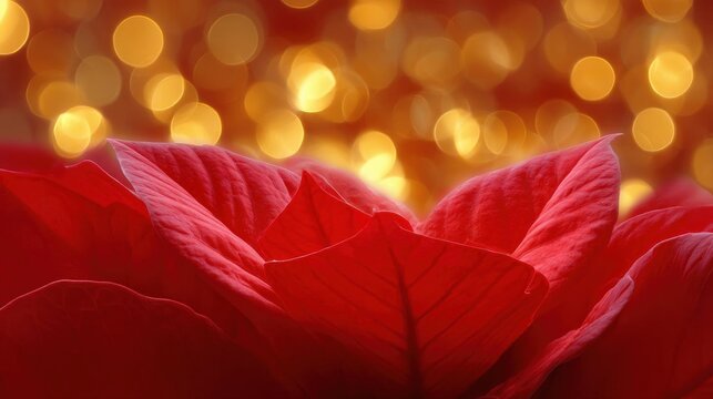 Close-up of a red poinsettia flower with its petals spread out in a fan-like shape. the petals are a deep, vibrant red color and have a glossy texture.