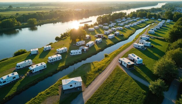 Aerial view captures large scenic riverside camping ground, with many caravans, motorhomes parked on green grass lawns. Winding river, small canal flow through perfect leisure park. Golden sun