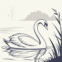 Elegant swan gracefully swimming in a serene lake with reeds and trees