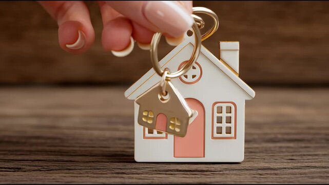 real estate concept, hand holding keychain of a new house