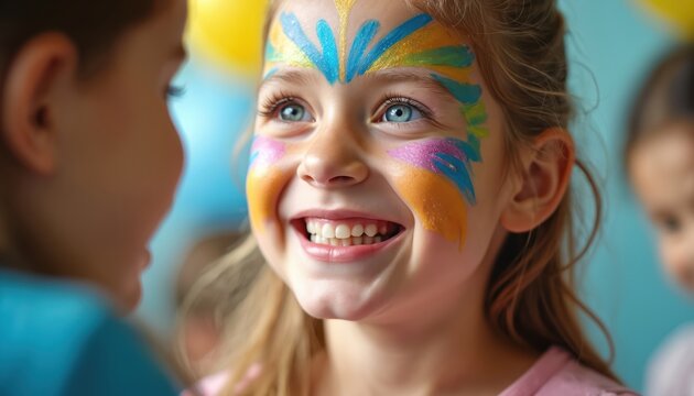 Girl with colorful face paint smiles, enjoys party. Childrens faces, creative art, fun activity, celebration day. Youngsters joy, festive mood. Kids entertainment event.