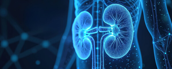 Blue human kidneys illustration. Glowing abstract kidney anatomy. Healthcare medical concept with body. Internal organs. Medicine science background. Human body part. Kidney disease awareness.