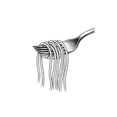Pasta engraved illustration. Black and white sketch, icon logo flat vector design