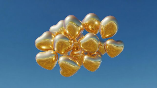3d rendering of a group of small, golden-colored spheres floating in the air against a clear blue sky. the spheres appear to be made of a shiny, metallic material and have a smooth, shiny surface.