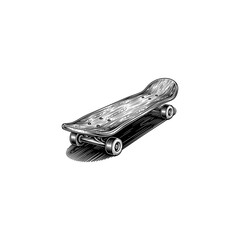 Retro skateboard Engraving Illustration, drawn in an engraved, woodcut style with fine details sketch engraving vector illustration. Scratchboard imitation. Black and white image. flat vector
