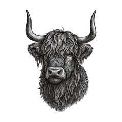 A highland cow, cute cattle engraving illustration. Scratchboard imitation. Black and white image. flat vector