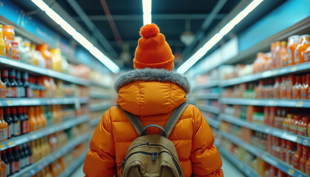 Person stands in a supermarket aisle. Shelves are stocked with groceries and drinks. Focus on consumerism, retail, and shopping for food supplies. Bright lights illuminate the shelves in the store.
