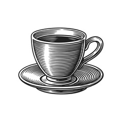 Cup of tea, Coffee cup engraving illustration. Scratchboard imitation. Black and white image. flat vector
