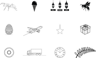 Ant ice cream bee egg airplane star gift donut truck clock fern