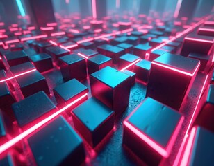 Rows of cubes with neon pink and blue light edges create a futuristic maze pattern. The grid like arrangement suggests complexity and technology in a digital abstract space.