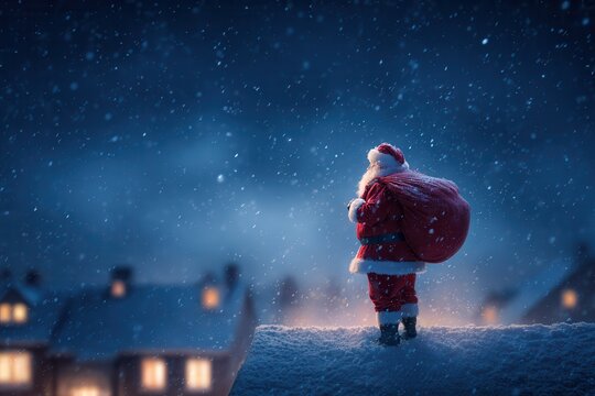 Santa Claus standing on a snow-covered rooftop under the night sky, holding a large red sack full of gifts